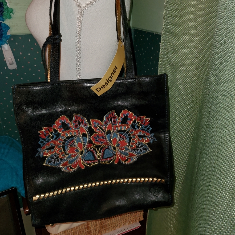 PATRICIA NASH EUC EMROIDERED FLOWER LEATHER TOTE BAG
